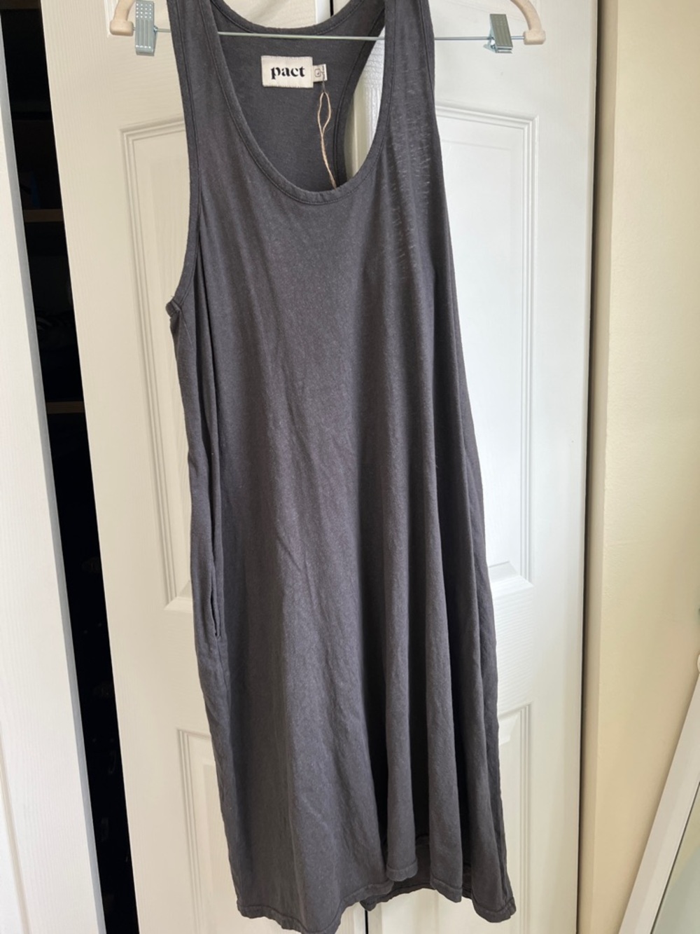 Pact Organic Cotton Hemp Tank Dress Gray Sleeveless Midi Pockets Size L
